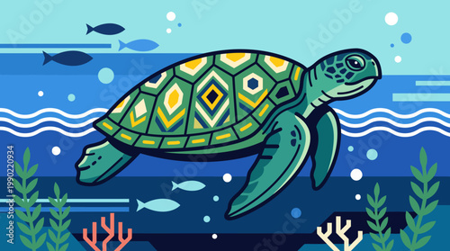 Green sea turtle swimming underwater with small fish.