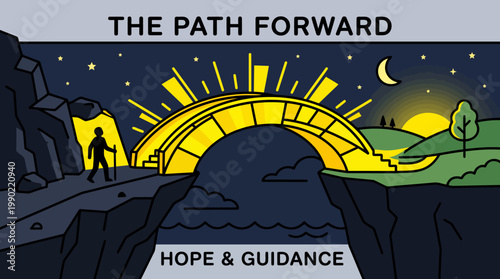 Person walking towards a bright sunrise over a bridge symbolizing hope and guidance.