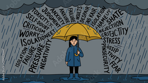 Woman holding umbrella against storm of negative thoughts and emotions.