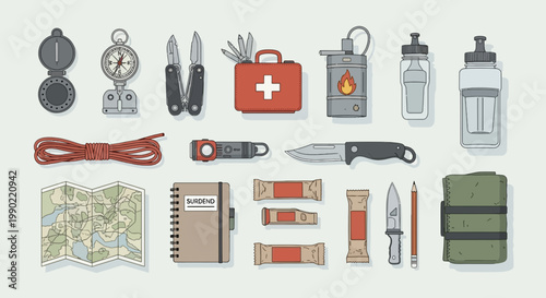 Survival kit essentials: compass knife first aid water bottle map and notebook in flat vector style illustration