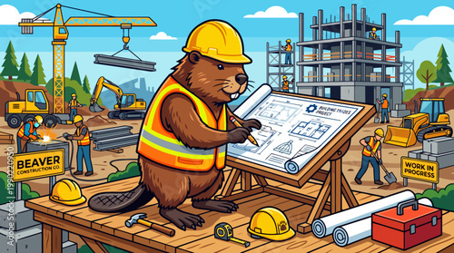 Beaver architect wearing hard hat and vest reviews blueprints at construction site.