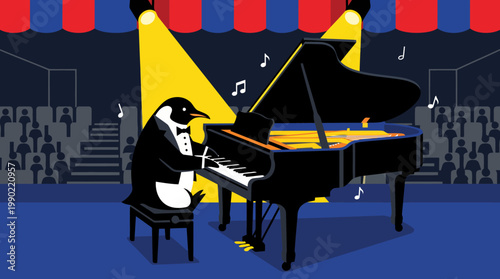 Penguin in tuxedo playing grand piano on stage.