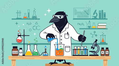 Raven scientist pouring liquid into beaker in laboratory.