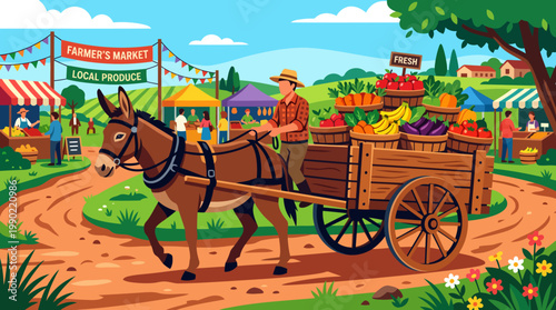 Farmer driving horse cart full of fresh produce to market.