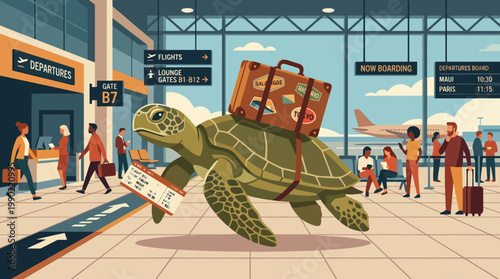 Turtle with luggage at airport terminal traveling on vacation.