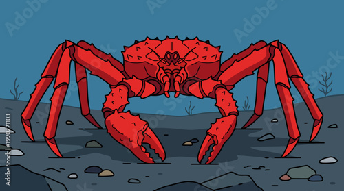 Large red crab with prominent claws on the ocean floor.