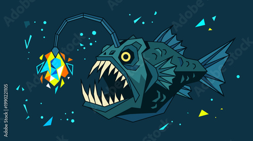 Deep sea anglerfish with bioluminescent lure illustration.
