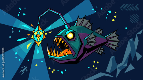 Deep sea anglerfish with bioluminescent lure in dark ocean depths.