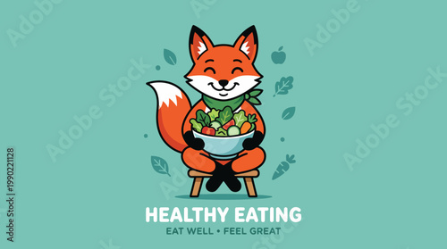 Cute fox character enjoying a healthy salad bowl.