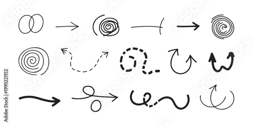 Schilderij op canvas Black hand drawn arrows and circular scribble elements collection set over transparent background for designs