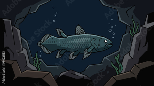 Ancient Coelacanth Fish Swims in Dark Deep Ocean Water.