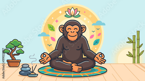Chimpanzee meditating in lotus position with zen garden elements.