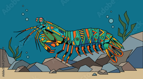 Colorful Mantis Shrimp Underwater Illustration.