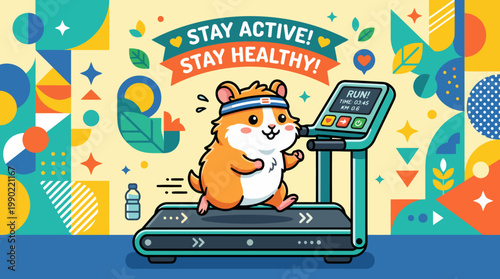 Cute hamster exercising on a treadmill promoting healthy lifestyle.