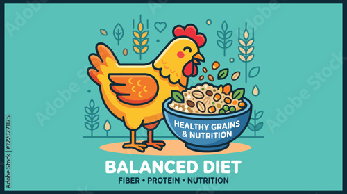 Cartoon Chicken Eating Healthy Grains and Seeds from Bowl.
