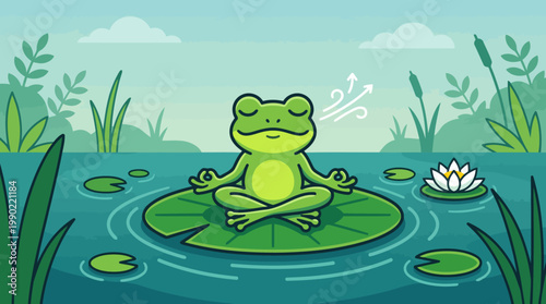 Frog meditating peacefully on a lily pad in a pond.