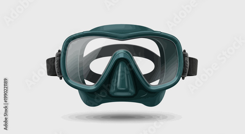Teal scuba diving mask with clear lenses floats above a soft shadow on a clean background perfect for snorkeling and underwater exploration gear