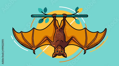 Cute Bat Hanging Upside Down From Tree Branch Illustration.