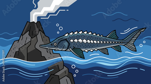 Ancient Sturgeon Swims Near Volcanic Island Underwater Scene.