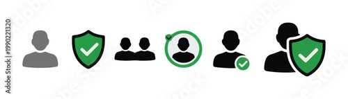 Set of human silhouette icons with security shield and check mark symbols for user verification profile badge.