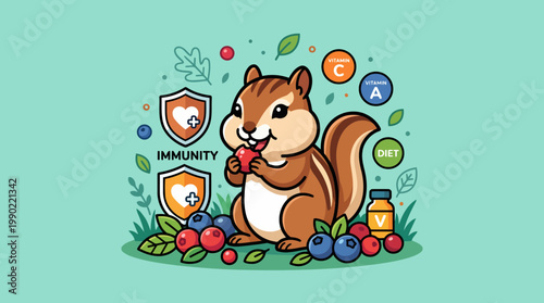 Cute cartoon chipmunk eating a strawberry surrounded by berries and immunity symbols.