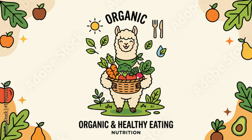 Cute Llama Holding Basket Full of Organic Vegetables and Fruits.