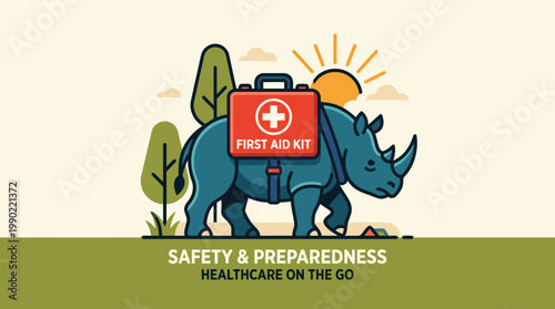 Rhino carrying a first aid kit on its back.