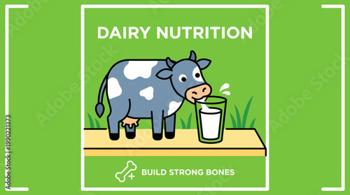 Cute cartoon cow drinking milk for dairy nutrition.