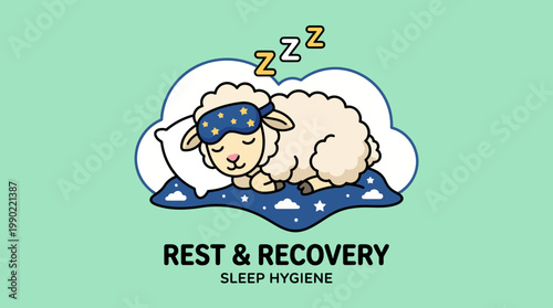 Cute cartoon sheep sleeping peacefully with eyes closed wearing a sleep mask.