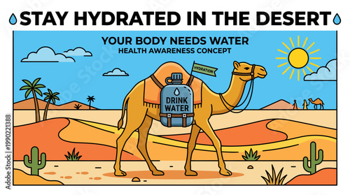 Camel carrying water in the desert for hydration awareness.