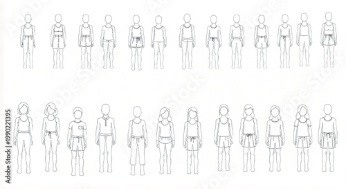 Fashion technical drawing of children body croquis, set of 24 kids fashion templates, front view outline sketches for apparel design and garment mockups