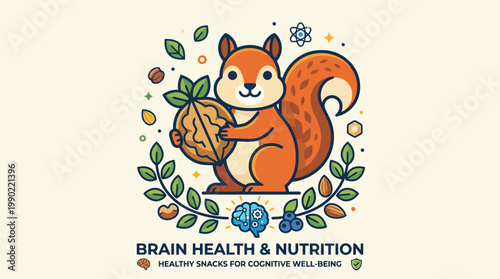 Cute cartoon squirrel holding a large walnut surrounded by leaves and berries.