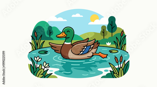 Cartoon Mallard Duck Swimming Gracefully in a Pond.
