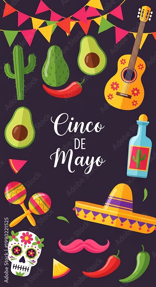 Naklejka premium Cinco de Mayo festive flat design elements with avocado and guitar vector illustration