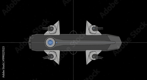 Top-down view of a gray and blue spacecraft with four light gray turret guns in a space scene illustration with thin crosshairs