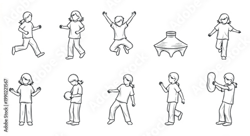 Minimalist line art children set, active kids playing and jumping vector icons, simple black and white outline sketches of diverse youth activities