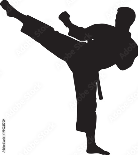 Martial arts silhouette, karate kick, black uniform, kickboxing illustration, vector graphic
