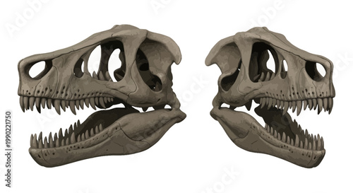 Tyrannosaurus Rex skull side view in detailed illustration; prehistoric dinosaur fossil in neutral tones science and paleontology theme