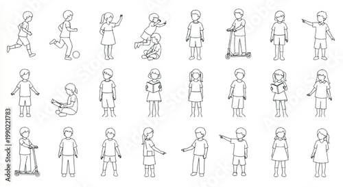 Minimalist children outline icons set, 23 kids line art vector characters, diverse school children playing and reading for coloring book or education