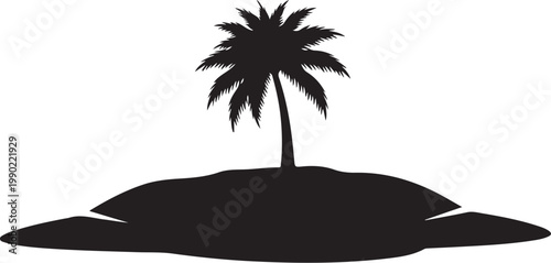Black palm tree island silhouette, tropical vacation icon, minimalist design element, vector graphic