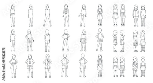 Minimalist fashion figure templates, set of 25 female character line art vectors, blank clothing croquis for apparel design and technical drawing