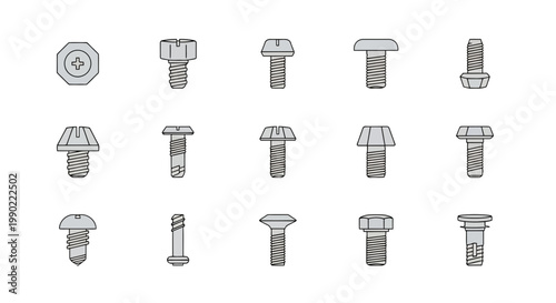 Collection of various types of screws and bolts, each with unique head shapes for different applications and fastening needs