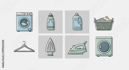 Collection of laundry and home cleaning icons, including washing machine, detergent, and iron