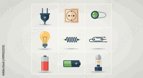 Collection of electrical symbols and icons representing power, energy, and technology in a grid layout