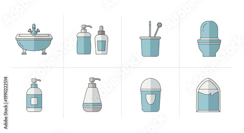 Collection of flat design vector icons representing essential bathroom fixtures and hygiene products, including toiletries, a bathtub, and cleaning accessories, ideal for modern digital interfaces