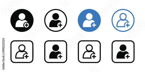 Add user icon set, profile avatar symbol, people plus sign, account pictogram, add new friend sign vector.