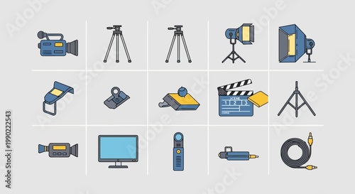Flat design vector icons representing professional video production, movie making, and studio photography equipment, essential tools for broadcast and content creation