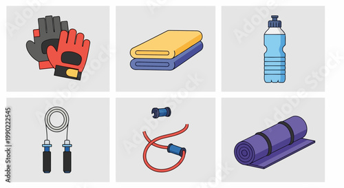 Collection of fitness equipment and accessories for a healthy lifestyle and sports activities