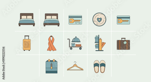 A vibrant collection of hotel and travel flat line icons, including beds, luggage, key cards, and room service, symbolizing comfort and convenience for guests