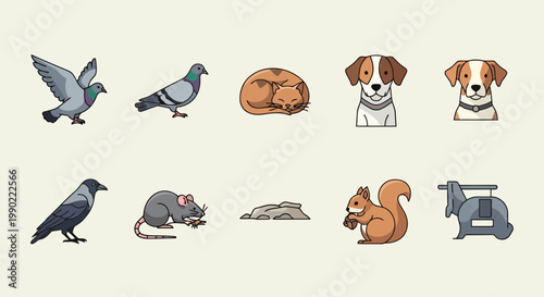 Diverse collection of cartoon animal vector icons, featuring wildlife and domestic creatures like pigeons, dogs, cats, squirrels, rats, crows, and a goat, ideal for web and mobile UI design projects